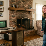 Angry teen in a 90's livingroom screaming in front of a Commodore 64 computer