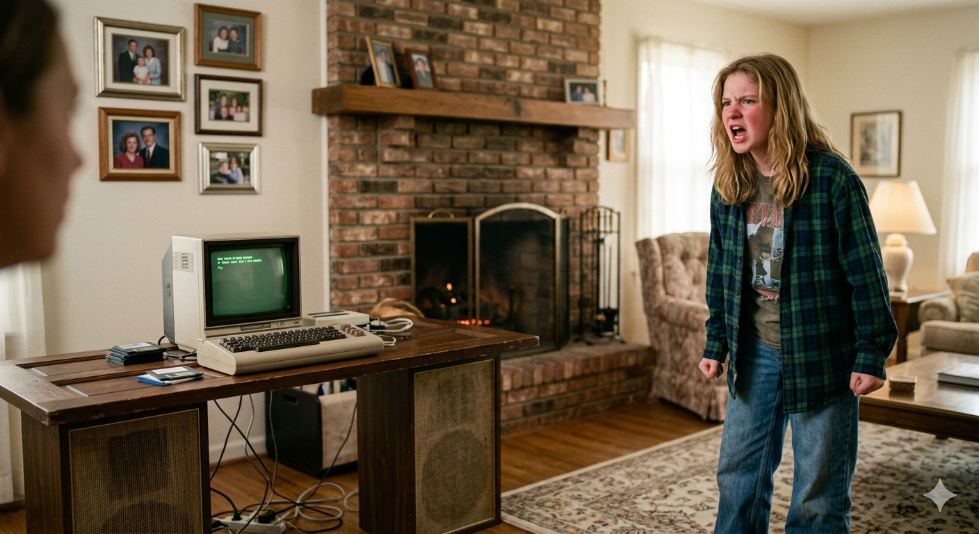 Angry teen in a 90's livingroom screaming in front of a Commodore 64 computer